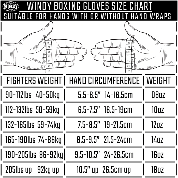 Windy Boxing gloves size chart