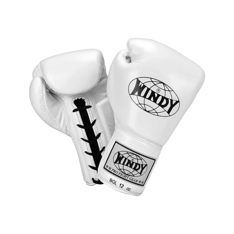 Windy Lace-Up pro boxing gloves BGL white front and back view