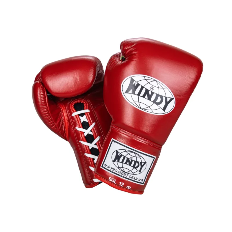 Windy Lace-Up pro boxing gloves BGL red front and back view