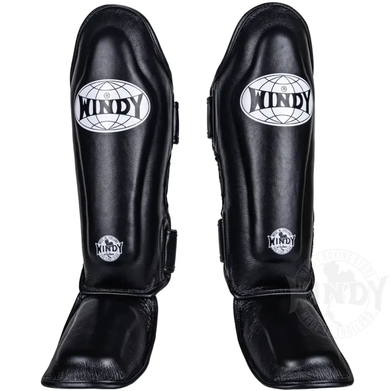 Windy Black Muay Thai Shin Guards front view