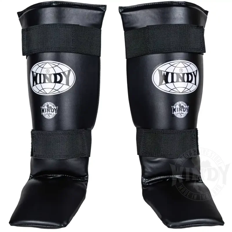 Windy Kickboxing Shin Guards in Black front view
