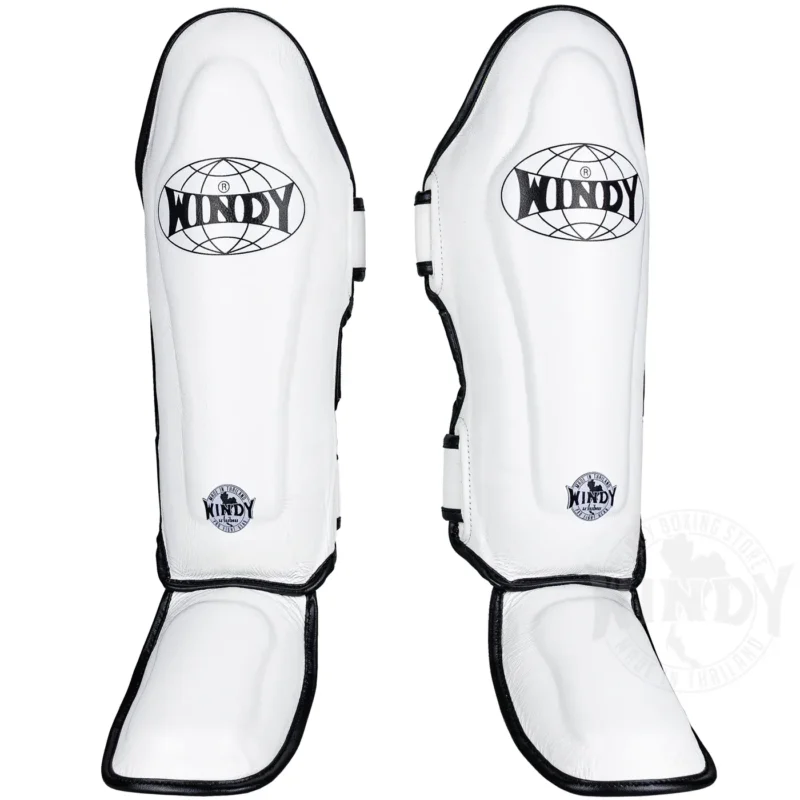 Windy White Black Muay Thai Shin Guards front view